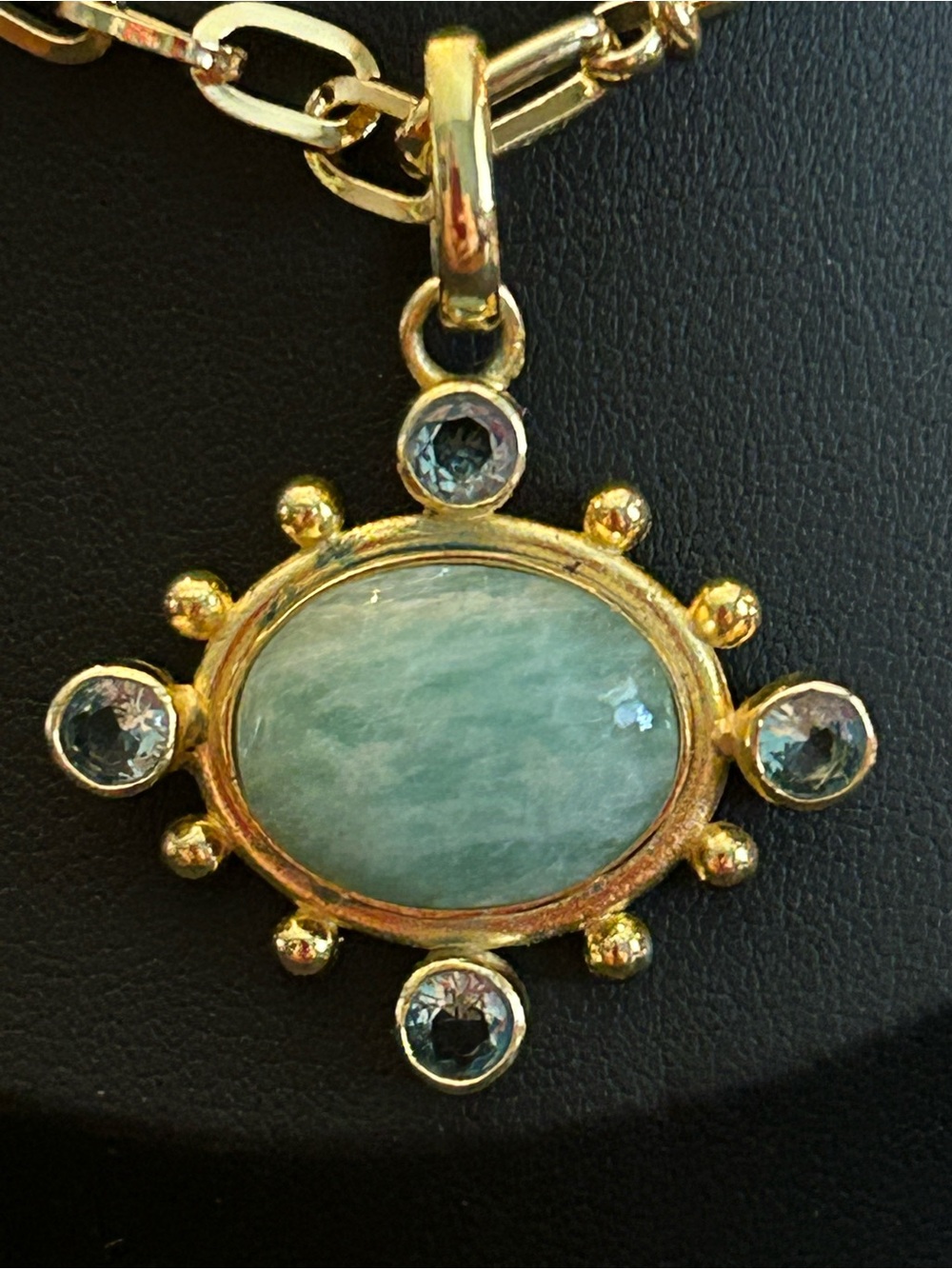 Golden 20” Necklace Light Green Oval Jade Pendant from India w/Blue Crystals